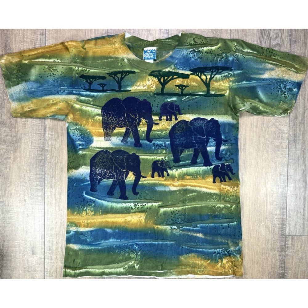 Vintage 1990s Deep Sea T Shirts Africa Safari Elephant AOP Men's L USA Tie Dye